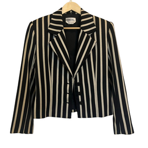 100% Pure Wool Vertical Striped Cropped Blazer Black Beige Vintage 1980s